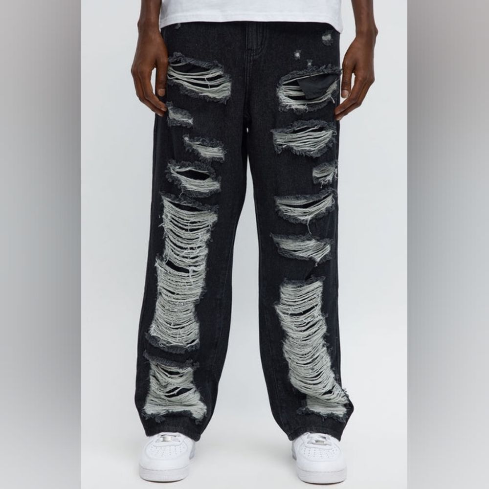 Baggy Shred Destructed Black Wash Jeans - Picture 1 of 6